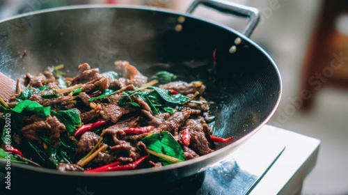 Thai style beef stir-fry with chili and basil in a wok. Generative AI