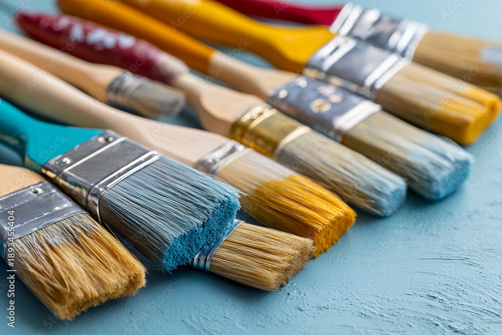 Fototapeta premium Colorful paintbrushes lined up on textured blue surface
