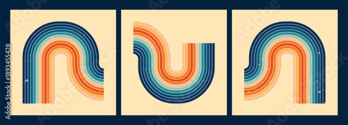 Stripe rainbow groovy square designs drawn in yellow and blue color.