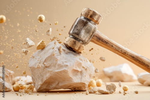 Wooden hammer cracking large rock with flying debris on beige background