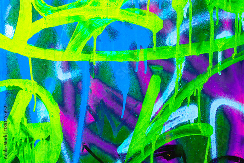 Abstract graffiti with neon green, blue, purple, acid style, Y2K influence, fluorescent paint drips, urban texture. Posters, flyers, digital art, creative banner, modern 2000s visuals