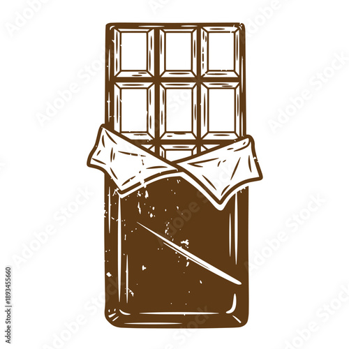 Vintage Grunge texture Brown chocolate bar with white wrapper on top isolated on white background