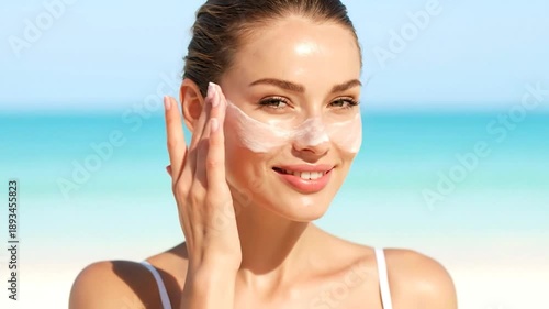 Wallpaper Mural Woman applying sunscreen on her face at the beach Torontodigital.ca