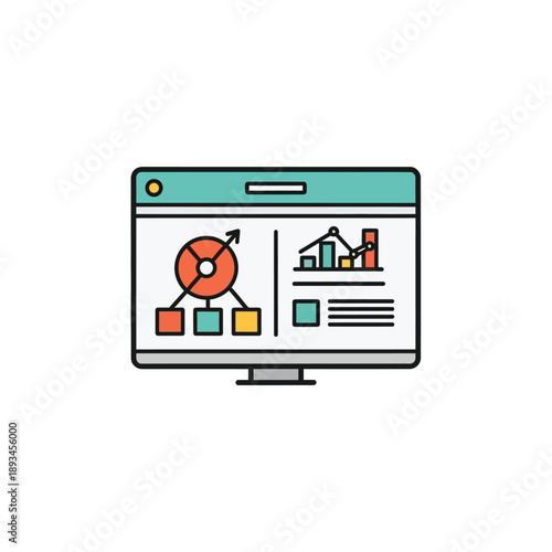 Computer screen displaying a flowchart and analytics graphs, symbolizing business data analysis and strategic planning processes for business growth