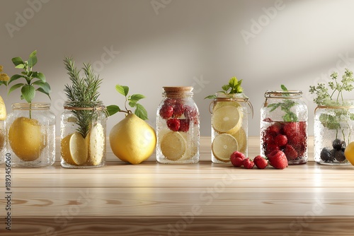 Infused water jars with fruits and herbs on wooden table