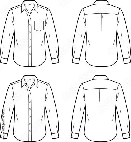 Women classic button up shirt, cad drawing, flat vector illustration, technical fashion blouse front back views outline garment template