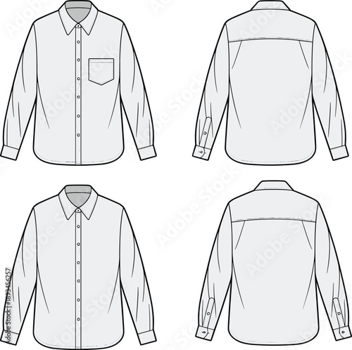 Women casual button shirt, cad drawing, flat vector illustration, technical fashion blouse front back views outline garment template