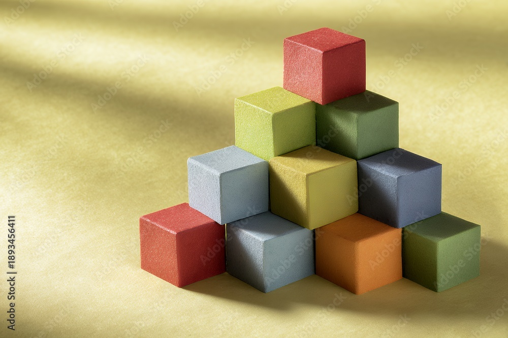 Fototapeta premium Colorful geometric cubes stacked in pyramid formation on yellow background
