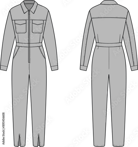 Women workwear jumpsuit, cad drawing, flat vector illustration, technical fashion coverall front back view outline garment template