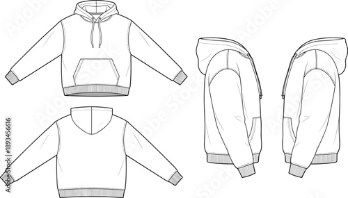 Hoodie technical fashion flat sketch vector, kangaroo pocket, drawstrings, cuffed hem, front back side view, apparel template