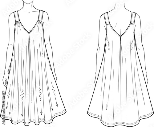 Women's technical fashion flat sketch template: V-neck A-line trapeze mini dress with wide shoulder straps, loose fit, front and back view, apparel vector.