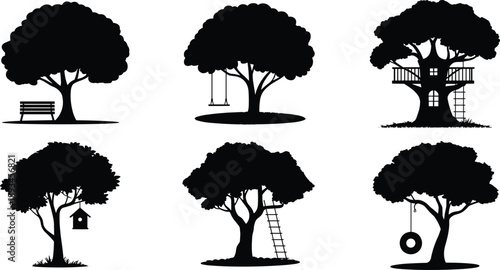 Black tree silhouette collection with bench swing treehouse ladder and tire swing nature landscape vector illustration isolated on white background