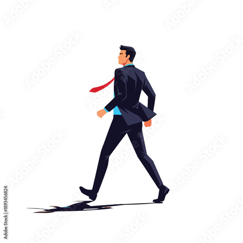 A cartoon illustration of a businessman in a suit and red tie walking with a dynamic stride against a clean white background.