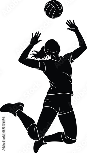 Female volleyball player silhouette jumping to hit ball, athletic woman sports character action, isolated black vector icon on white background