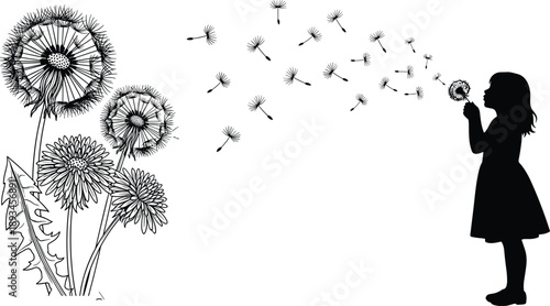 Little girl silhouette blowing dandelion seeds; field flower line art, childhood memory, spring wish, nature vector graphic, isolated on white.