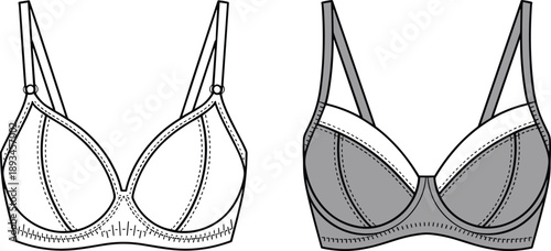 women bra lingerie, underwear garment, technical fashion sketch, cad drawing, flat vector illustration, apparel construction, design template
