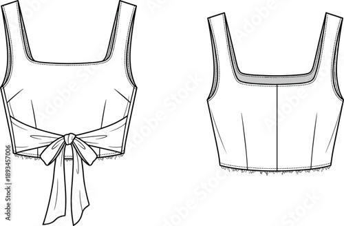 Women's technical fashion flat sketch template: square neck cropped top with wide shoulder straps and back waist tie detail, front and back view, apparel vector.