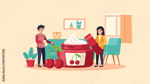 Couple enjoying a cherry-scented skincare product in a cozy living room