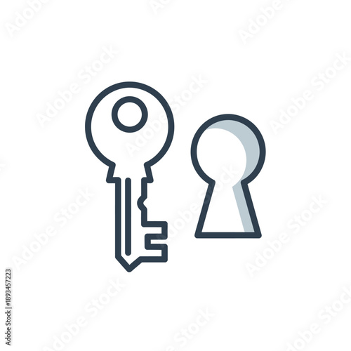 A simple, clean iconographic illustration of a traditional key and a keyhole, representing concepts of access, security, and solutions