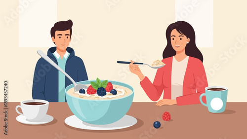 Couple enjoying a healthy breakfast of oatmeal with berries and coffee