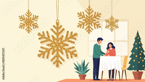 Couple enjoying a festive dinner with golden snowflakes and a Christmas tree