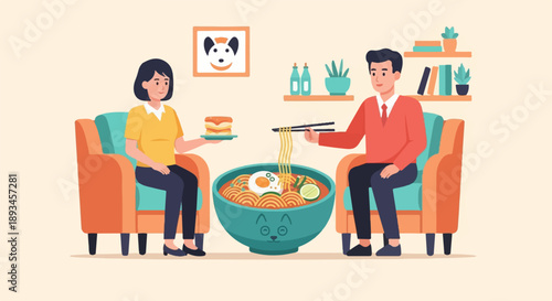 Couple enjoying a meal together on comfortable chairs