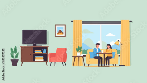 Couple enjoying a moment by the window with tea in a cozy living room