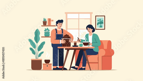 Couple enjoying coffee and beans indoors with plants and art