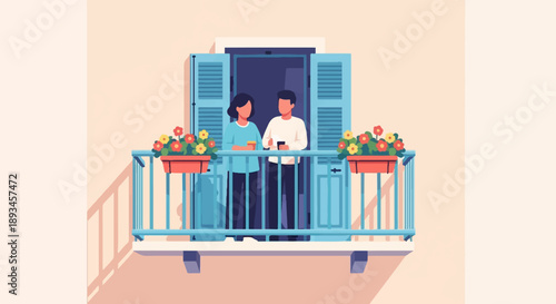 Couple enjoying coffee on a balcony with flowers