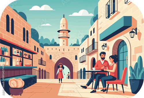 Couple enjoying coffee on a sunlit street with ancient architecture