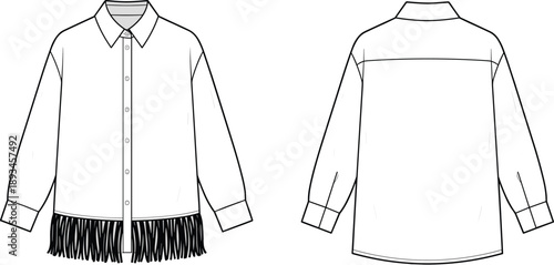 Fringe hem shirt technical fashion flat sketch vector, long sleeves, pointed collar, button-up front, dropped shoulder, apparel template