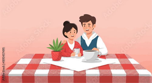 Couple enjoying coffee together at a red and white checkered table