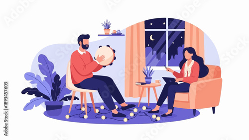 Couple enjoying music and technology indoors at night with city view