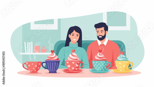 Couple enjoying sweet treats and hot drinks together, a delightful moment