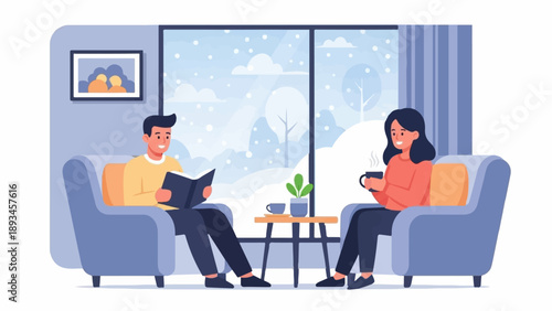 Couple enjoying reading and coffee indoors while snow falls outside