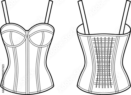 Women corset top, cad drawing, flat vector illustration, technical fashion lingerie bustier front back view outline garment template
