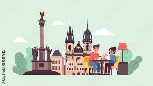 Couple enjoys a cafe break with historic city architecture backdrop