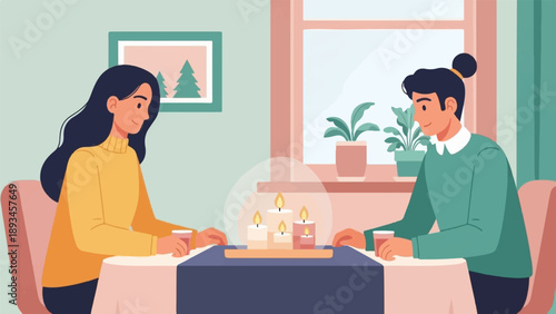 Couple enjoys a cozy, candlelit dinner at home with a picture and plants