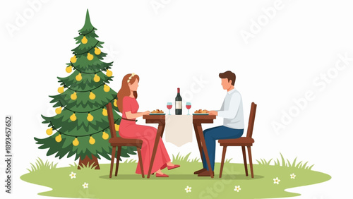 Couple enjoys a festive Christmas dinner outdoors beside a decorated tree