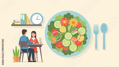 Couple enjoys a healthy salad lunch by the bookshelf and clock
