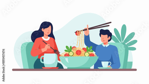 Couple enjoys a large bowl of pasta with vegetables and drinks