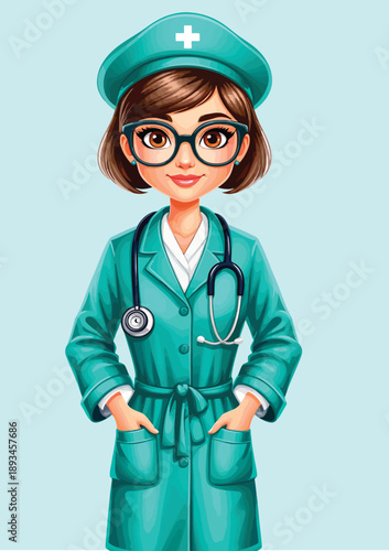 064-16-Cartoon nurse smiling, standing with stethoscope and hands in pockets
