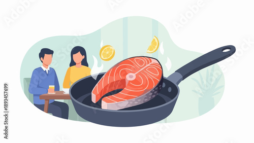 Couple enjoys a meal with a sizzling salmon steak in a pan