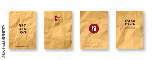 Colorful yellow crumpled recycled paper texture. Rough grunge old kraft wrapping paper background. Vintage blank packaging sheet. Vector illustration