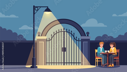 Couple enjoys coffee outside at night near ornate gate under streetlamp