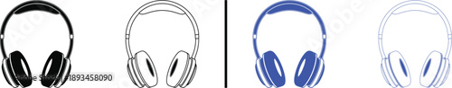 modern headphone icons isolated on white background, black and blue vector illustration of audio equipment for music and gaming.
