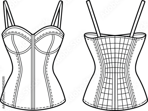 Women lace up corset top, cad drawing, flat vector illustration, technical fashion lingerie bustier front back view outline garment template