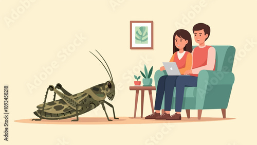 Couple on sofa with laptop watches grasshopper in living room