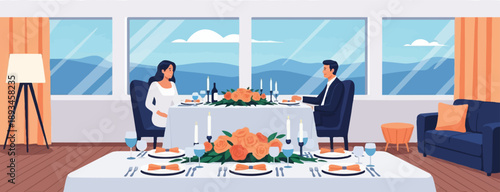 Couple enjoys elegant dinner overlooking scenic mountainous landscape through large windows