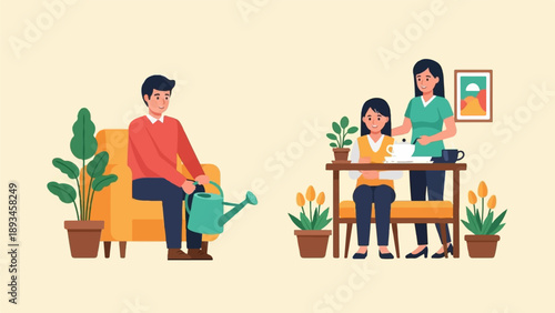 Couple enjoys indoor plants and tea on a relaxing afternoon